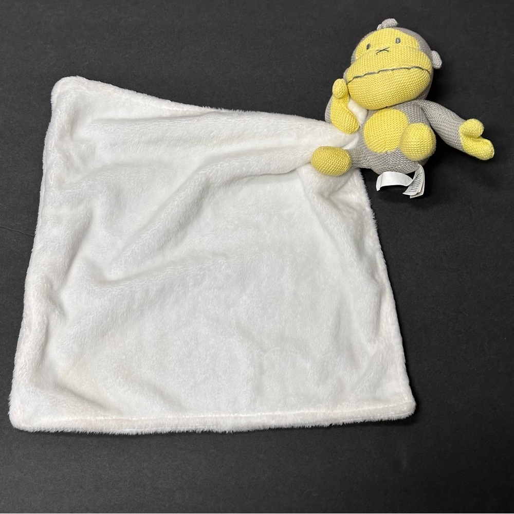 Baby Bum Gray and Yellow Monkey Lovey 14”x13" White Plush Baby Security Blanket